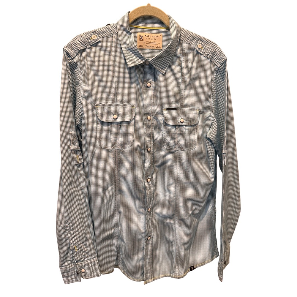 Marc Ecko Cut & Sew Mens Blue Gingham Snap Front Utility Shirt Medium Epaulettes
